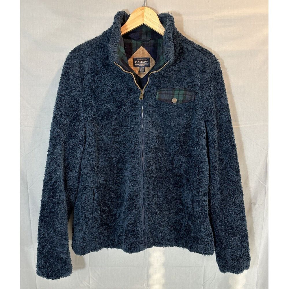 Pendleton Full zip Boucle Sherpa Jacket Blue Blackwatch Plaid Womens XL